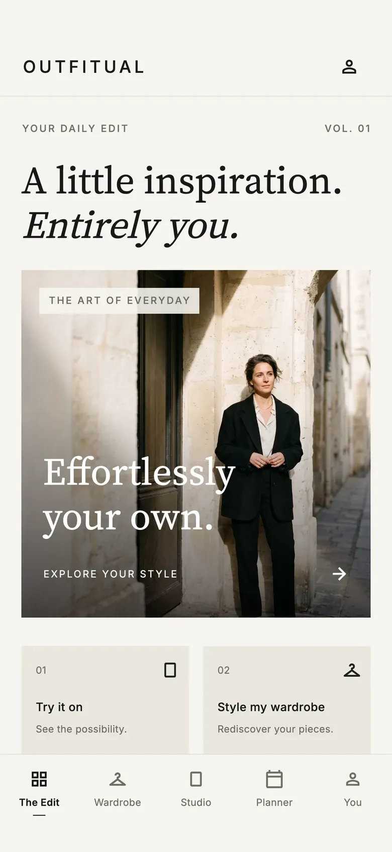 Outfitual app demo showing The Edit, a fashion inspiration look, and wardrobe and try-on tools