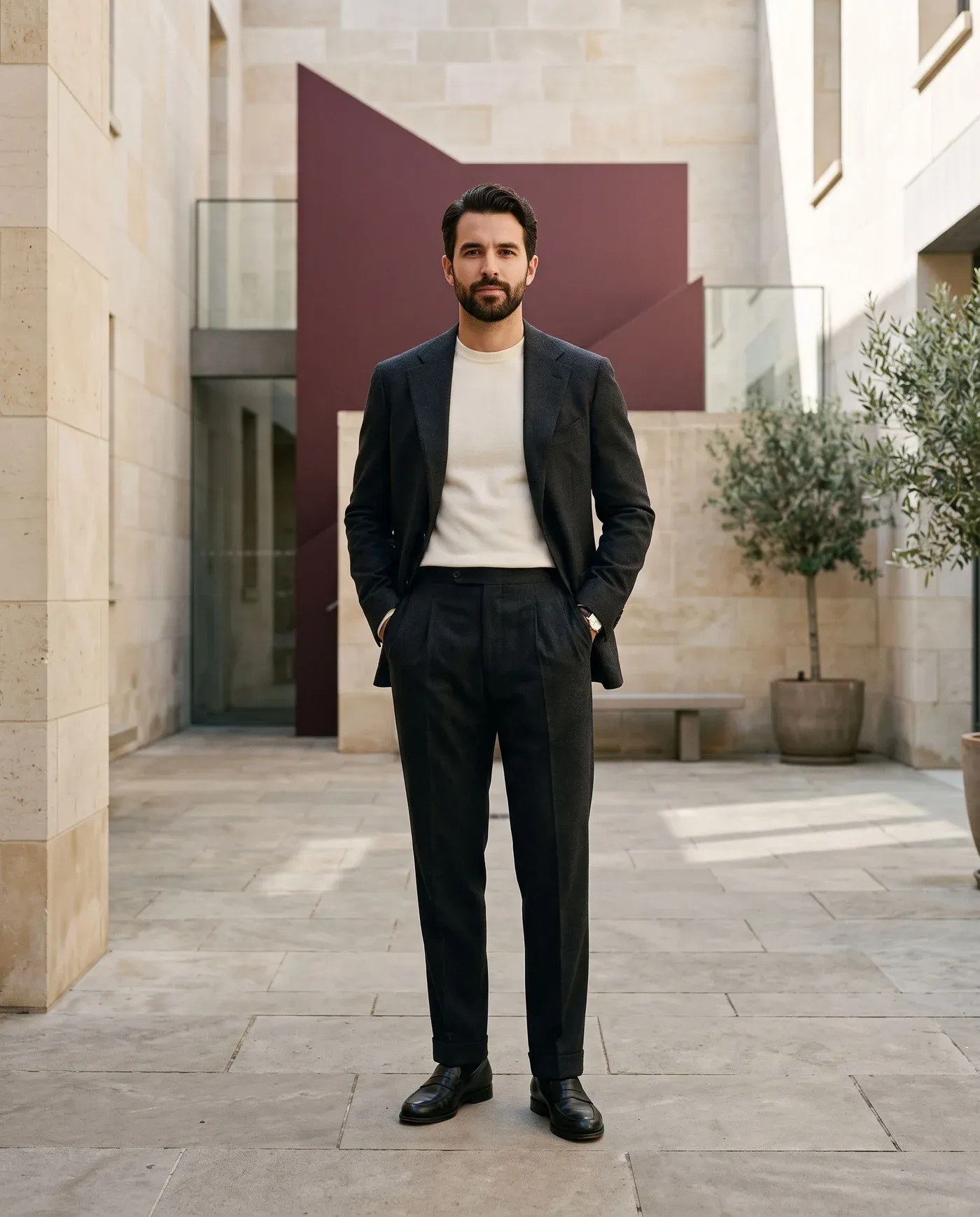 Modern classic menswear with charcoal tailoring in a stone courtyard