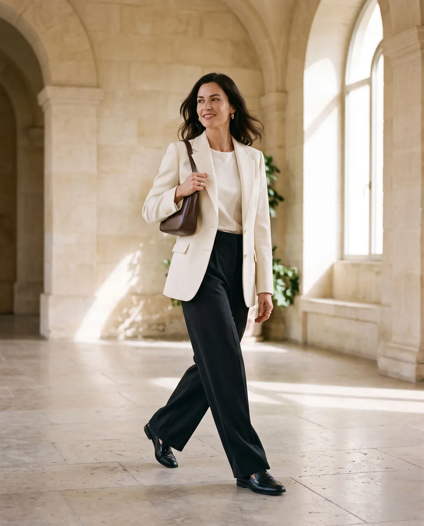 Illustrative fashion look with a cream blazer and dark tailored trousers